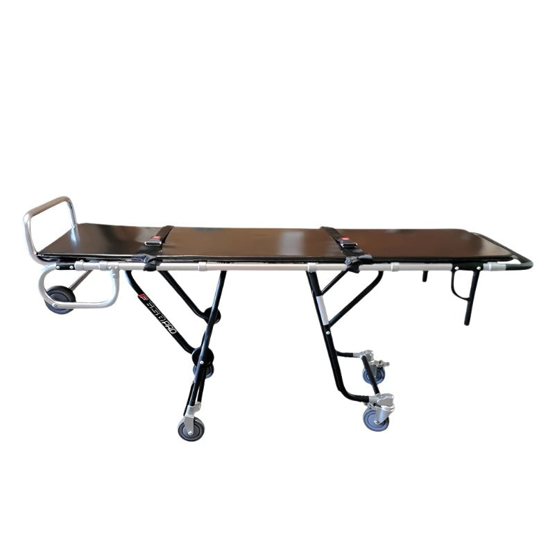 Side profile of the PRO 650X mortuary cot showing five height levels, stainless‑plated hardware, and anodized aluminum frame.