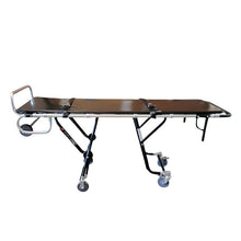 Side profile of the PRO 650X mortuary cot showing five height levels, stainless‑plated hardware, and anodized aluminum frame.