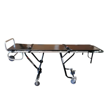 Side profile of the PRO 650X mortuary cot showing five height levels, stainless‑plated hardware, and anodized aluminum frame.