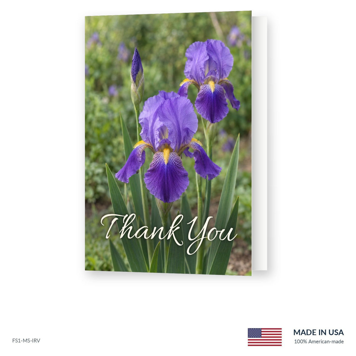 Purple Iris funeral acknowledgment card shown slightly open, Funeral Source One FS1-MS-IRV, Made in the USA