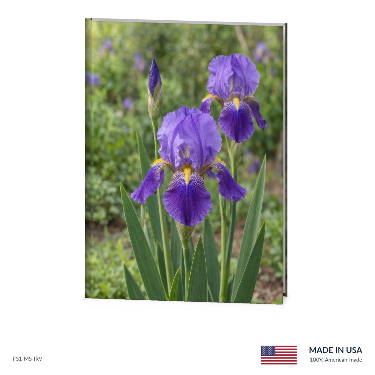 Purple Iris funeral register book with full-color cover wrap and visible page edge, Funeral Source One FS1-MS-IRV, Made in the USA