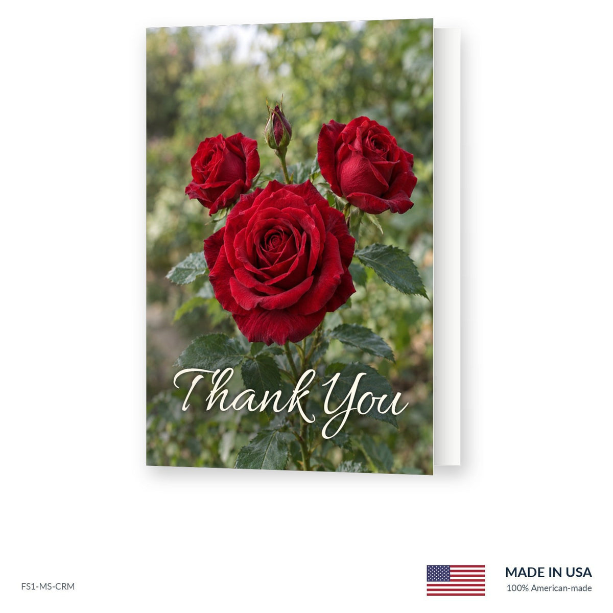 Red Roses funeral acknowledgment card shown slightly open, Funeral Source One FS1-MS-CRM, Made in the USA