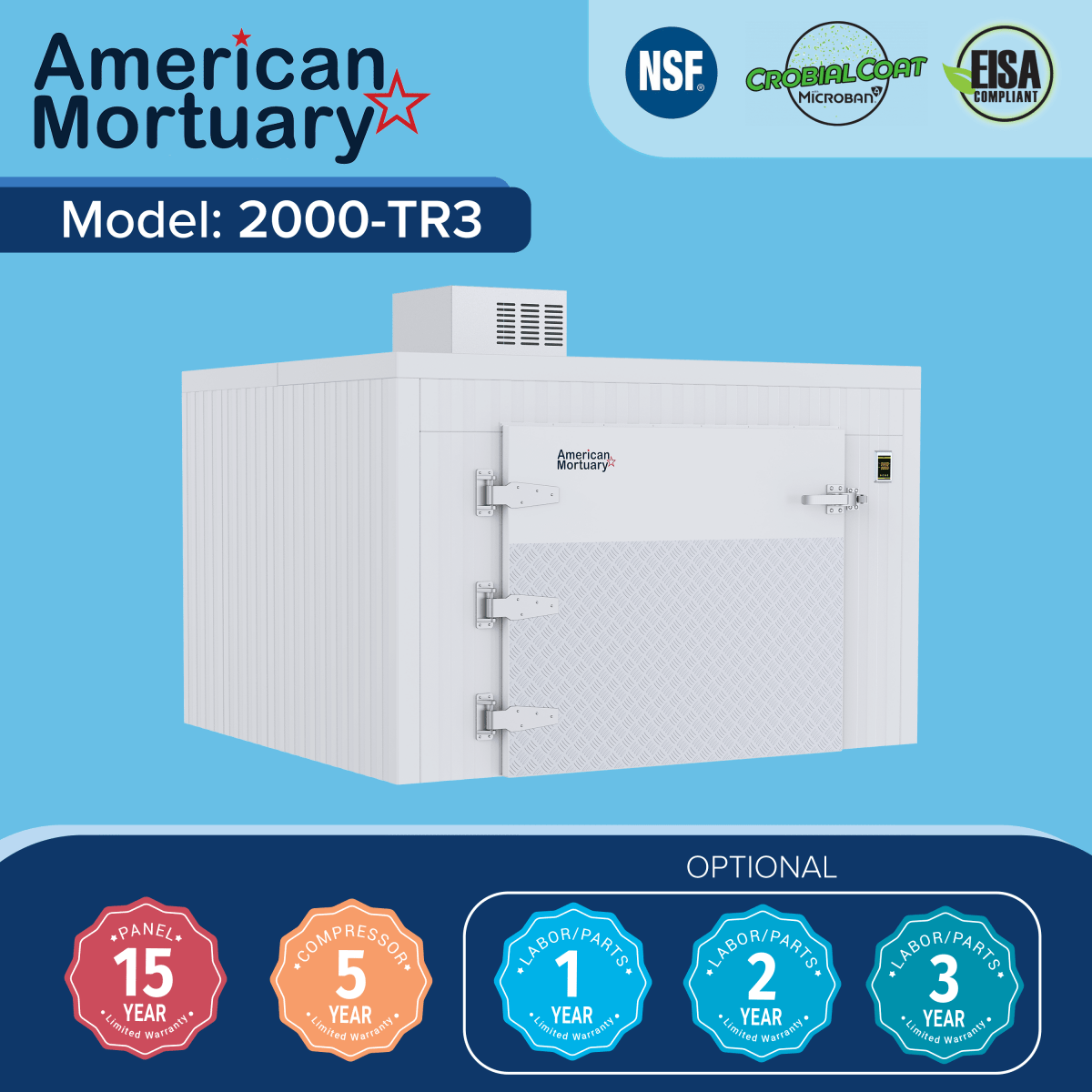 Triple-wide roll-in mortuary cooler allowing three mortuary cots to roll in directly from prep room
