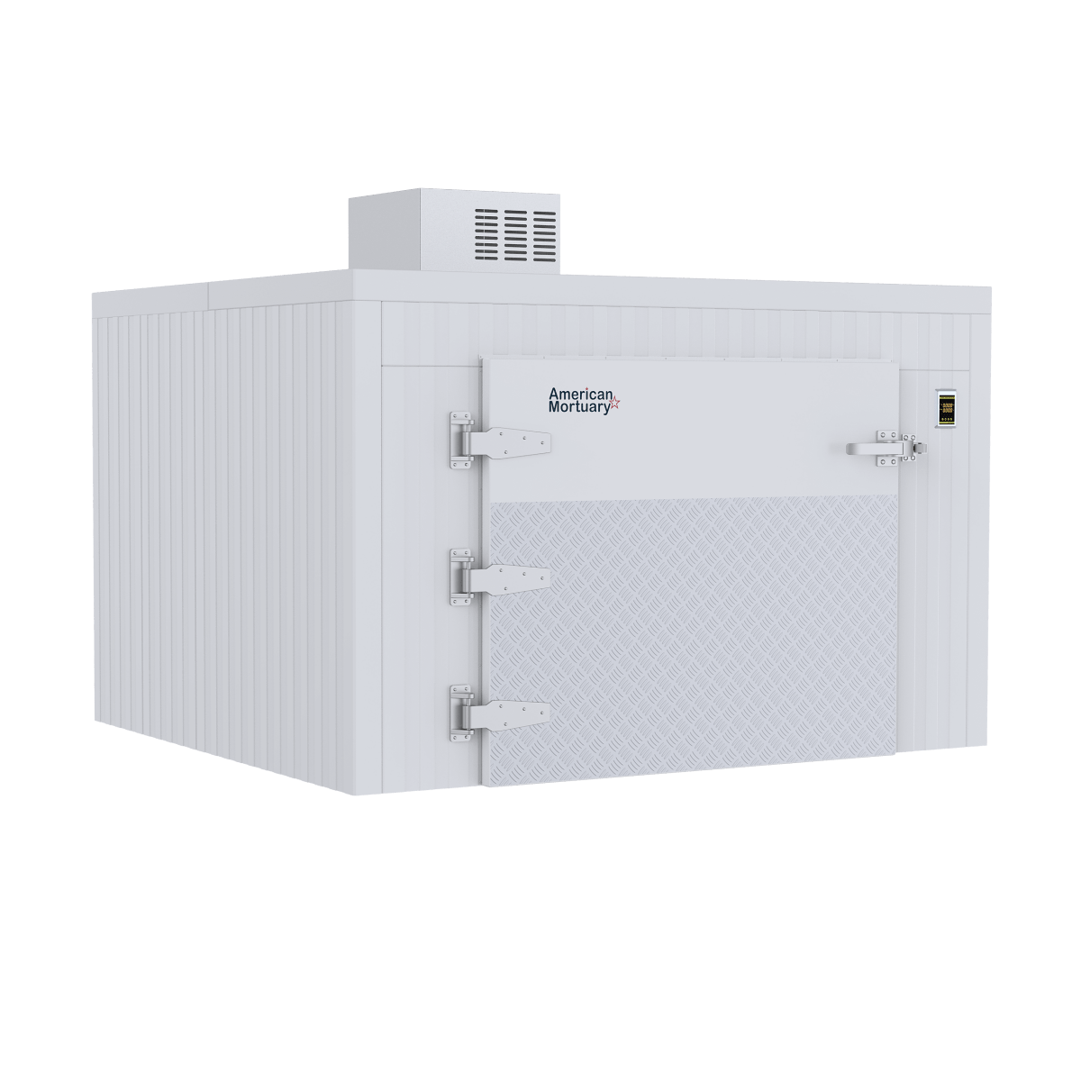Floorless design of a roll-in mortuary cooler allowing cots to roll directly from prep room