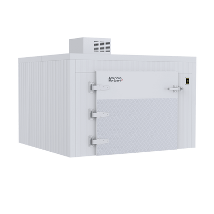 Floorless design of a roll-in mortuary cooler allowing cots to roll directly from prep room