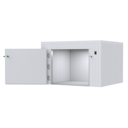 Side view of a triple-wide roll-in mortuary cooler showing floorless design and cot access clearance