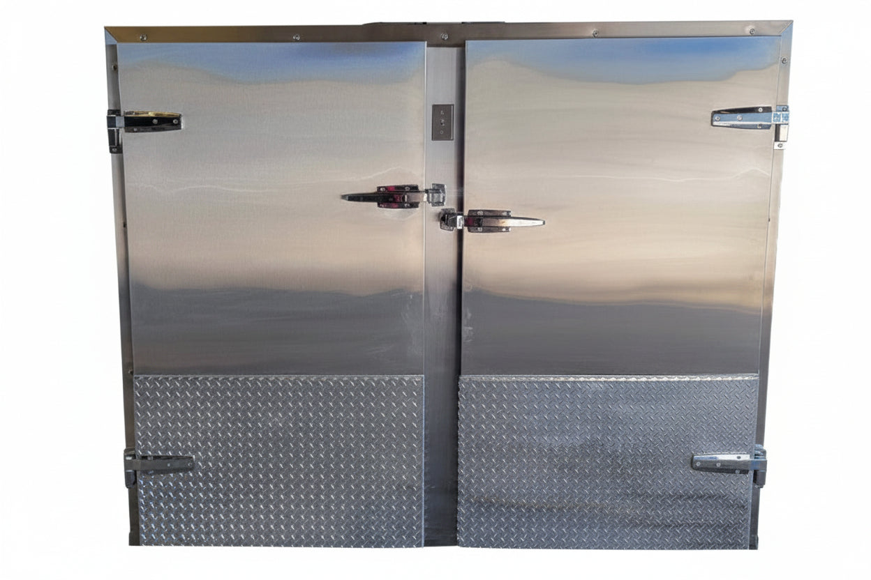 Exterior of an AMC 3x3 Upright 6-body mortuary cooler with optional high-durability diamond plate finish made in Johnson City TN.