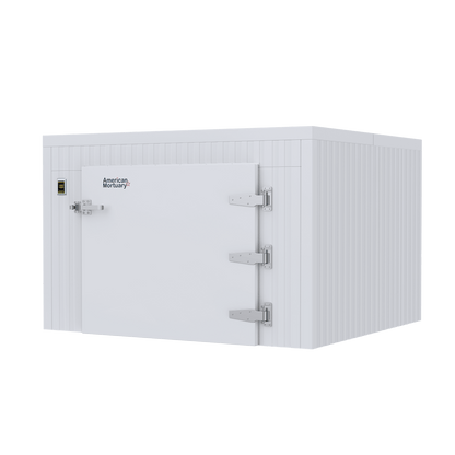 Self-contained refrigeration system on a triple-wide roll-in mortuary cooler with digital temperature control