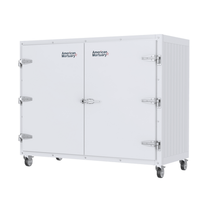 Drop-in self-contained refrigeration unit on a side-loading upright mortuary cooler