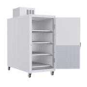 Self-contained refrigeration system with digital temperature control on a 4 body upright mortuary cooler