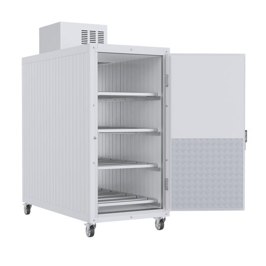 Self-contained refrigeration system with digital temperature control on a 4 body upright mortuary cooler