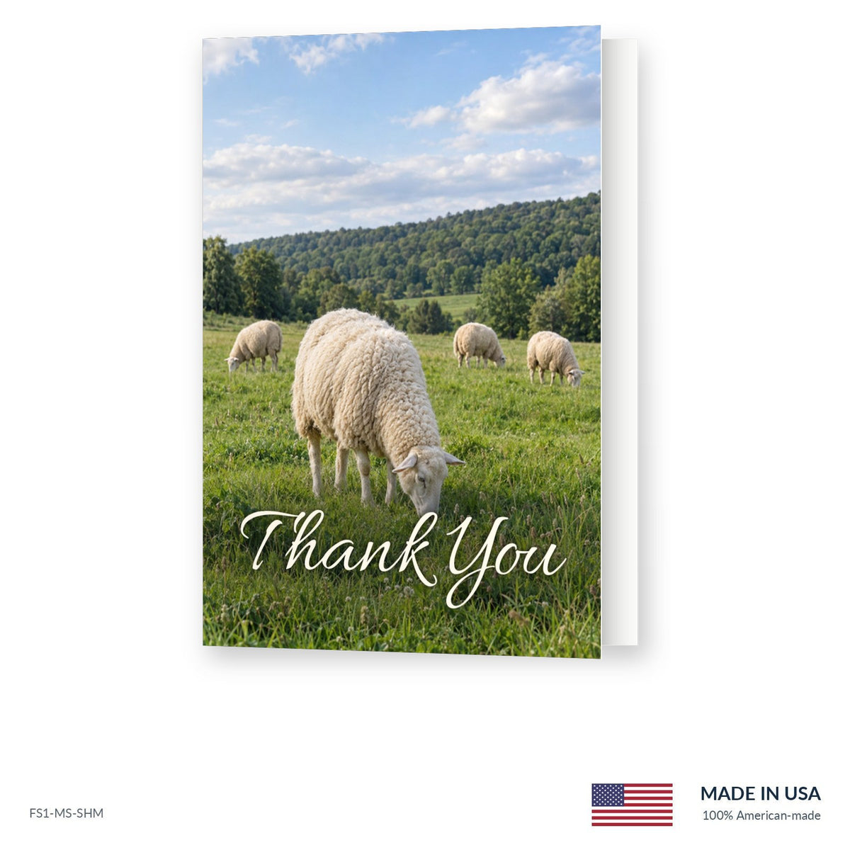 Sheep Meadow funeral acknowledgment card shown slightly open, Funeral Source One FS1-MS-SHM, Made in the USA