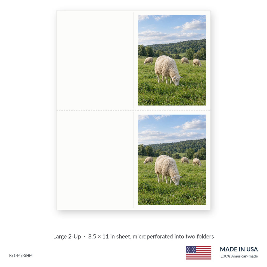 Sheep Meadow funeral service folders, Large 2-Up 8.5 × 11 in sheet microperforated into two folders, Funeral Source One FS1-MS-SHM