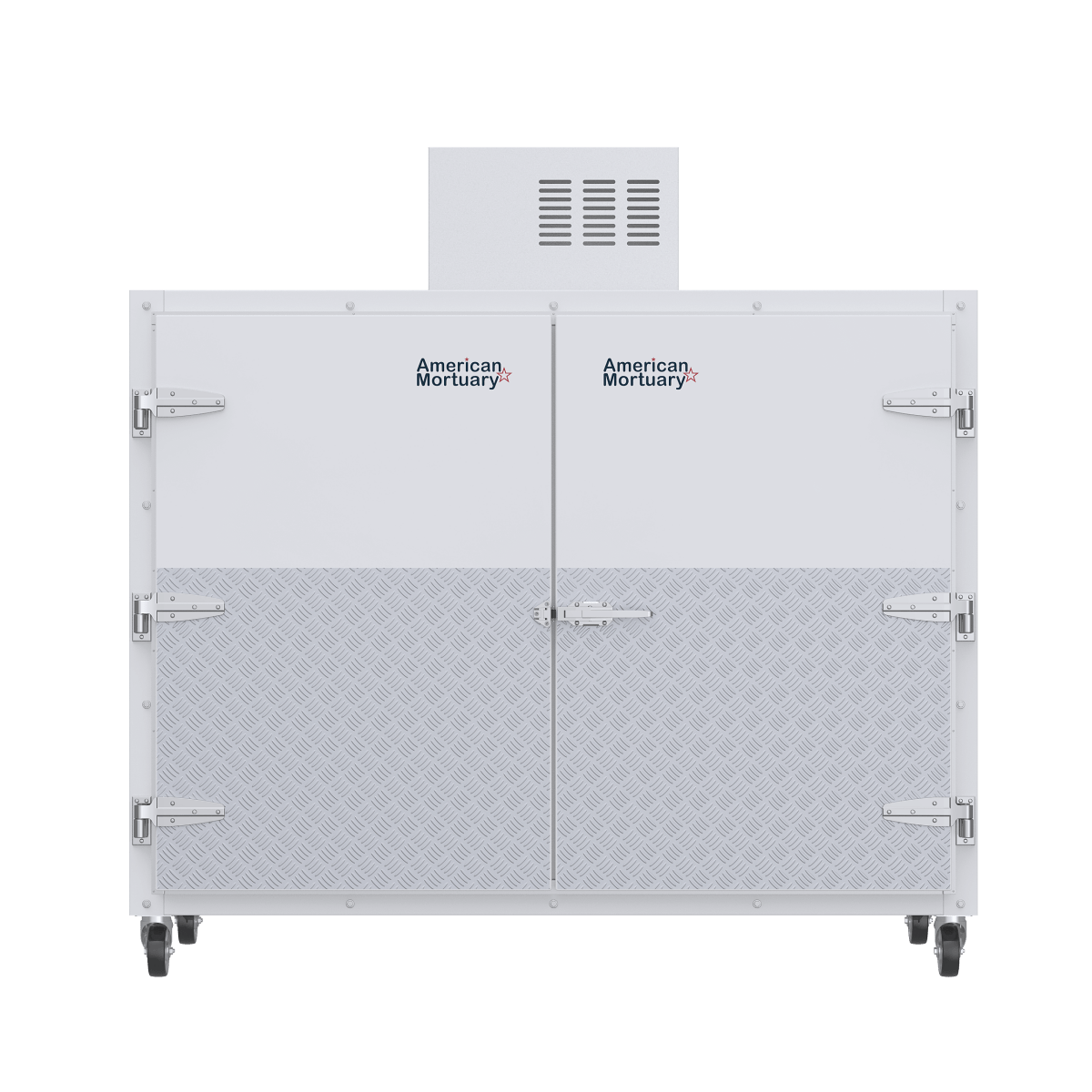 Side-loading upright mortuary cooler delivered without forklift requirement
