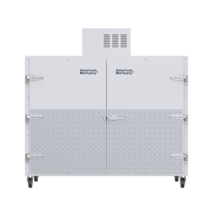 Side-loading upright mortuary cooler delivered without forklift requirement