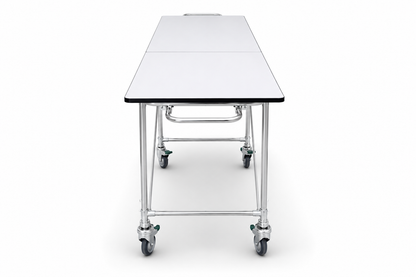 Single folding mortuary dressing table end view — stainless steel cadaver prep table edge profile