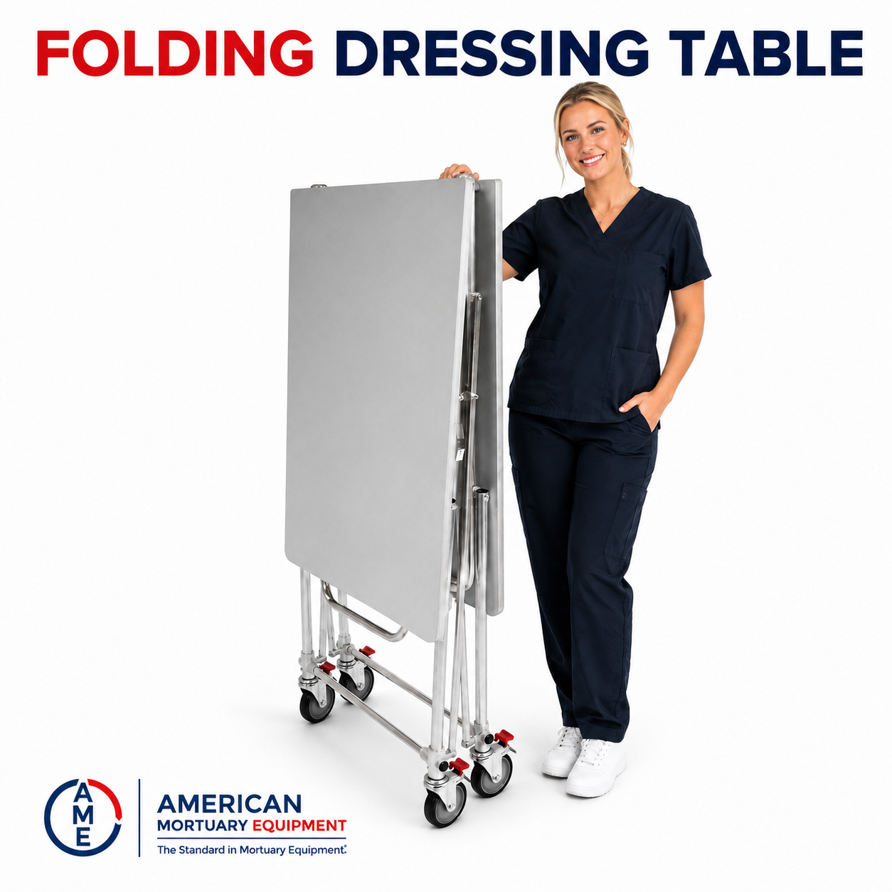 Single folding mortuary dressing table with feature callouts — 34-inch stainless steel cadaver prep table