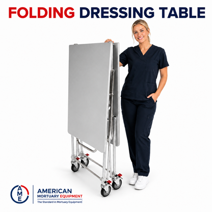 Single folding mortuary dressing table with feature callouts — 34-inch stainless steel cadaver prep table