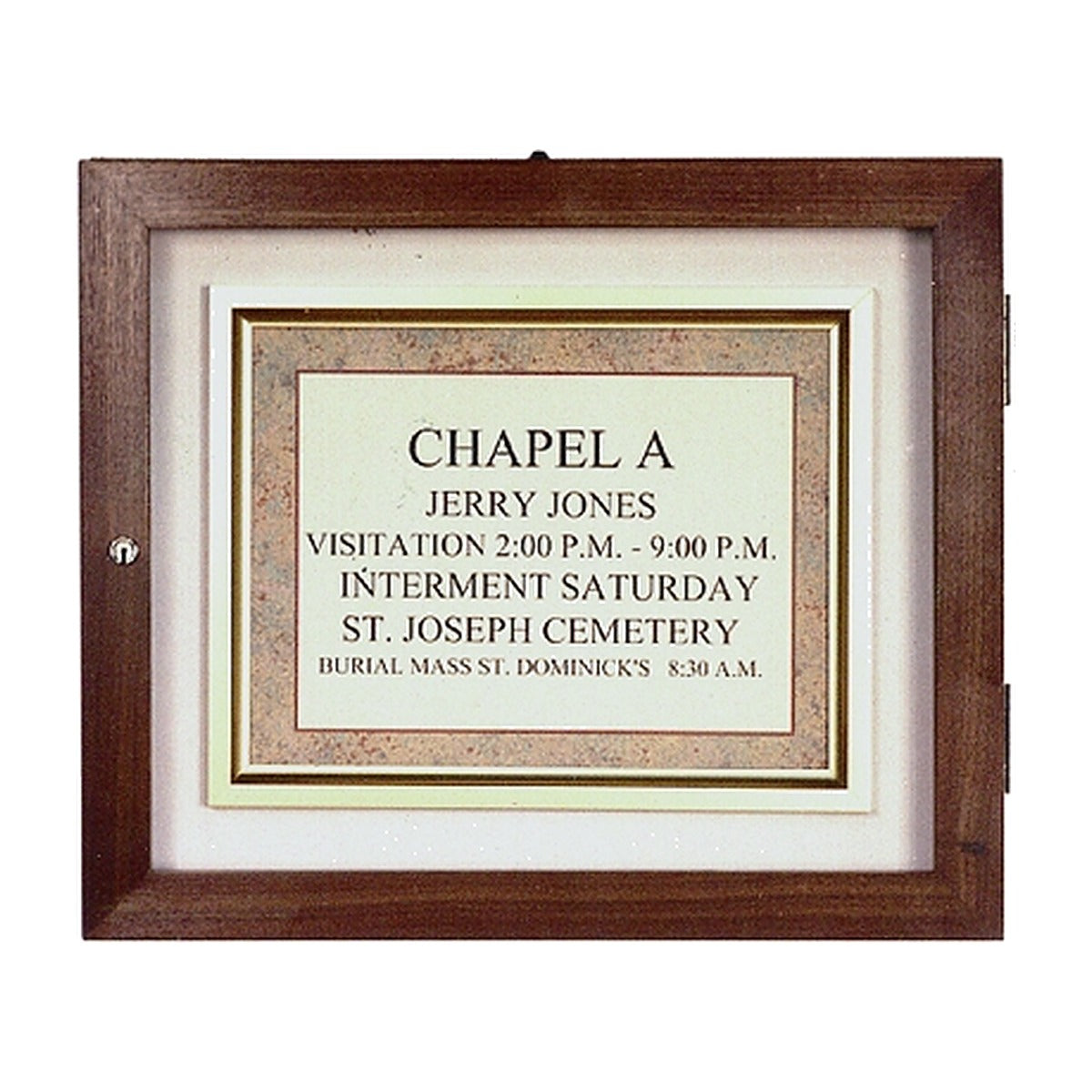 single panel wall directory with framed funeral service announcements