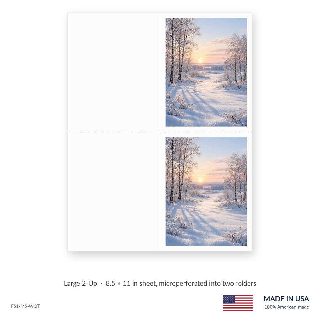 Snowy Birch funeral service folders, Large 2-Up 8.5 × 11 in sheet microperforated into two folders, Funeral Source One FS1-MS-WQT