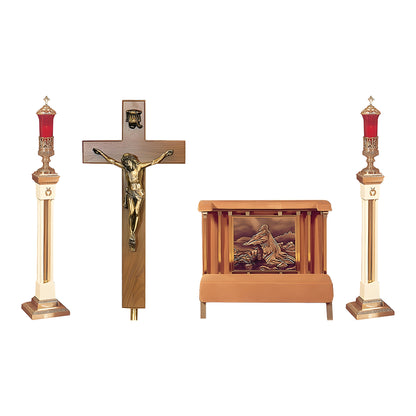 Sovereign Devotional Set in walnut laminate with brass accents by American Mortuary Equipment