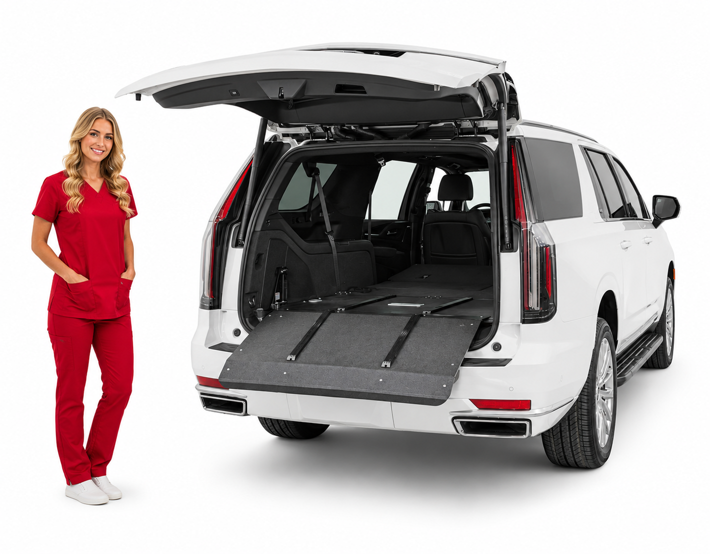 AME-SR75 suburban mini deck system installed in Chevrolet Suburban 2015-2020 — American Mortuary Equipment first call SUV deck with cot cups and bumper ramp