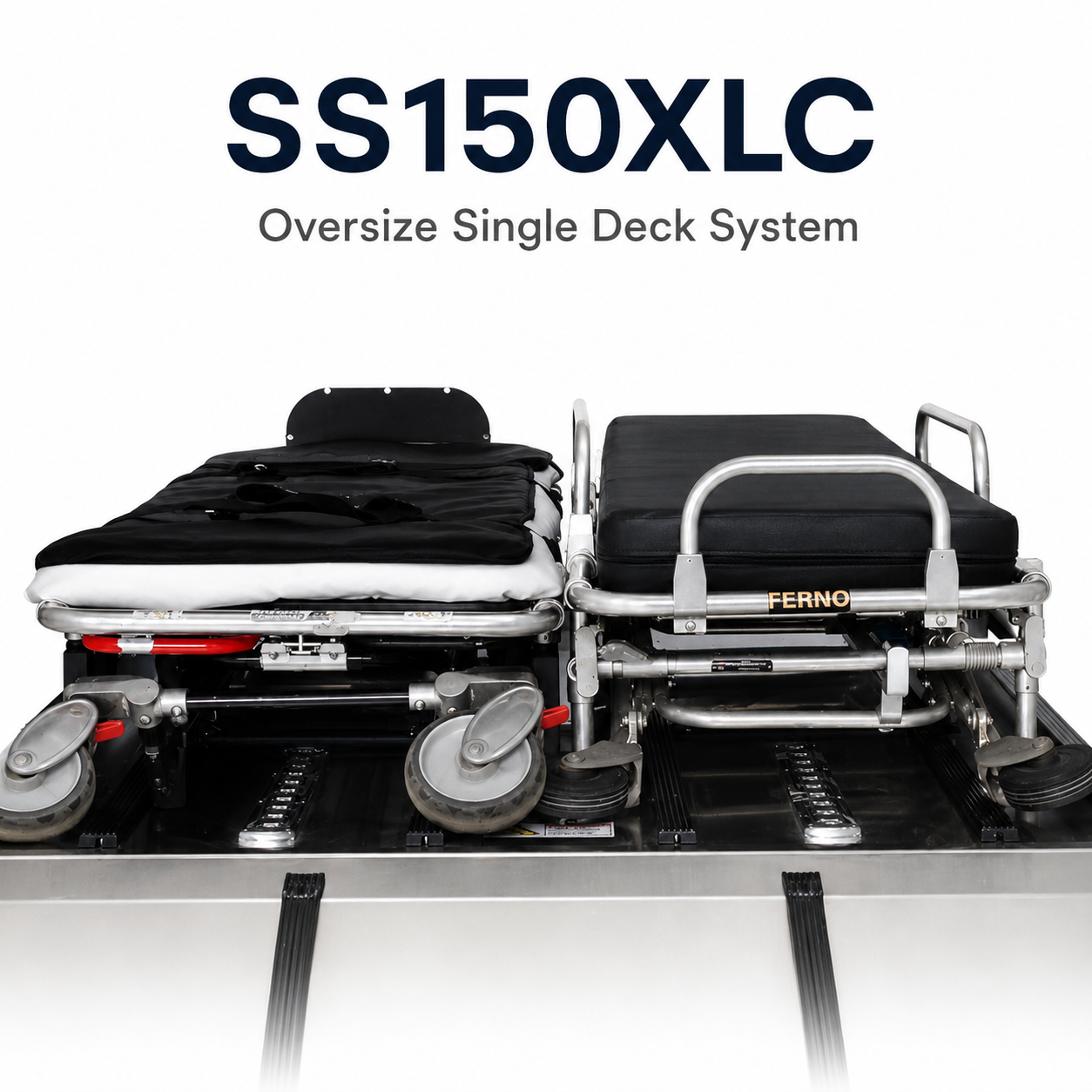 AME-SS150XLC oversize single-deck system product code 7135-D001 — American Mortuary Equipment full-size cargo van deck for standard and oversized cot side-by-side transport