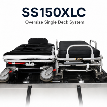 AME-SS150XLC oversize single-deck system product code 7135-D001 — American Mortuary Equipment full-size cargo van deck for standard and oversized cot side-by-side transport