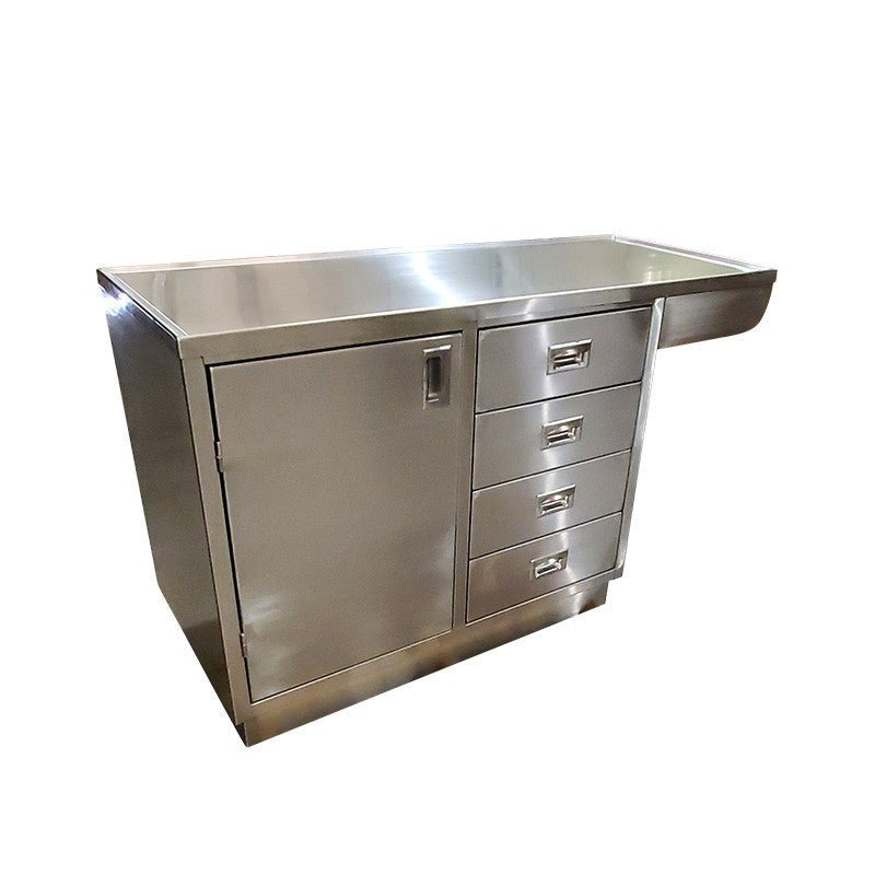Veterinary exam table with knee space side profile, stainless steel clinic construction