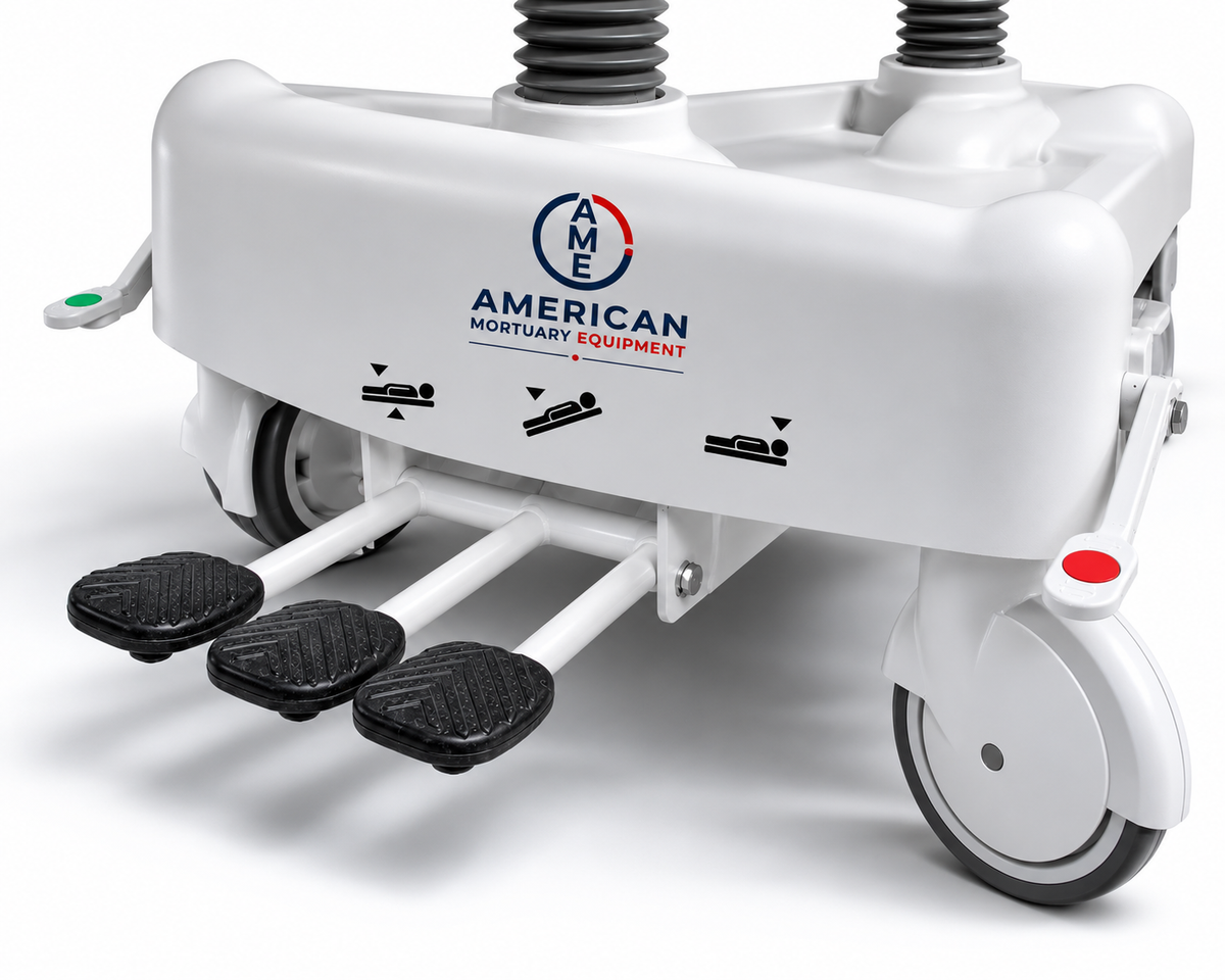 Standard Hydraulic Embalming Table three hydraulic foot pedals for hands-free height control | American Mortuary Equipment