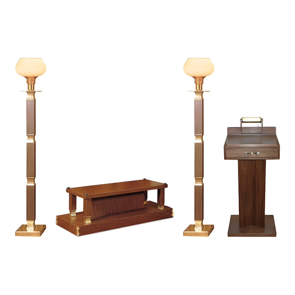 Sterling Chapel Set — shown with its included pieces in walnut laminate with fluted brass trim