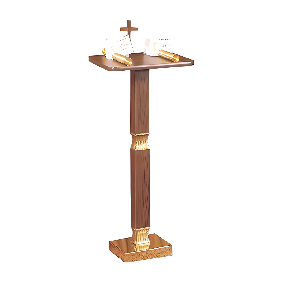 Sterling Mass Card Holder in walnut laminate with fluted brass trim by American Mortuary Equipment