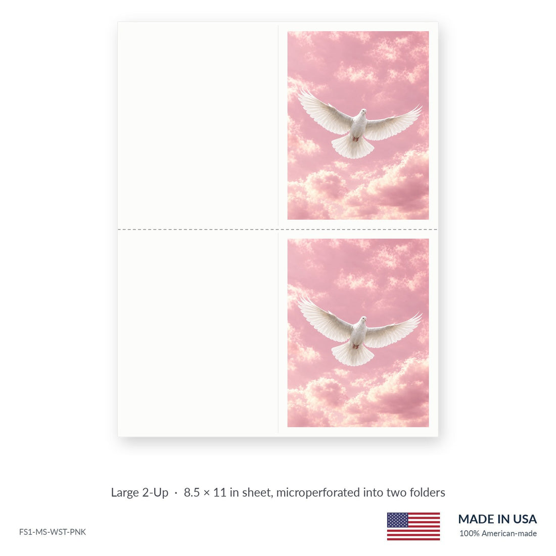 Stillness Pink funeral service folders, Large 2-Up 8.5 × 11 in sheet microperforated into two folders, Funeral Source One FS1-MS-PNK