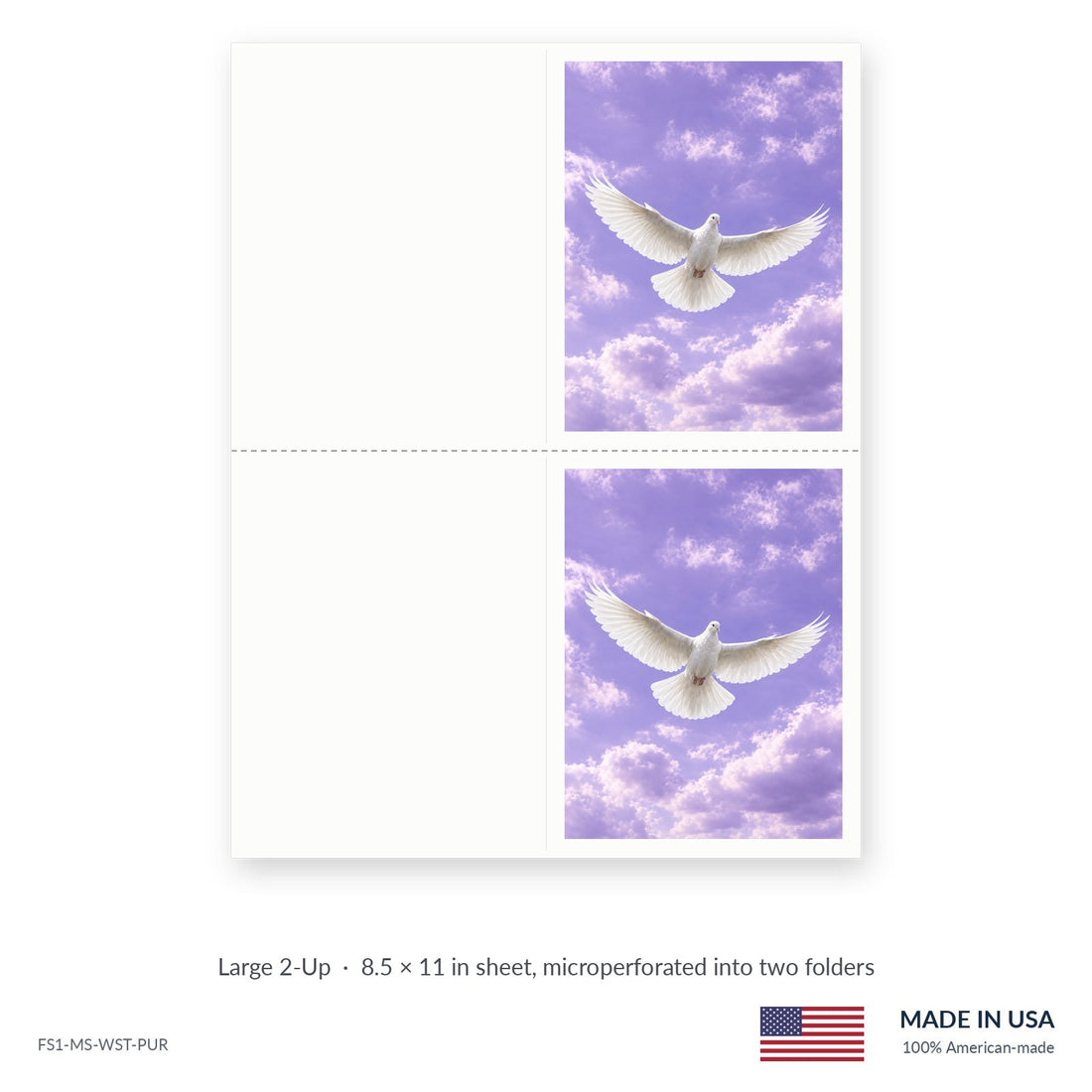 Stillness Purple funeral service folders, Large 2-Up 8.5 × 11 in sheet microperforated into two folders, Funeral Source One FS1-MS-PUR