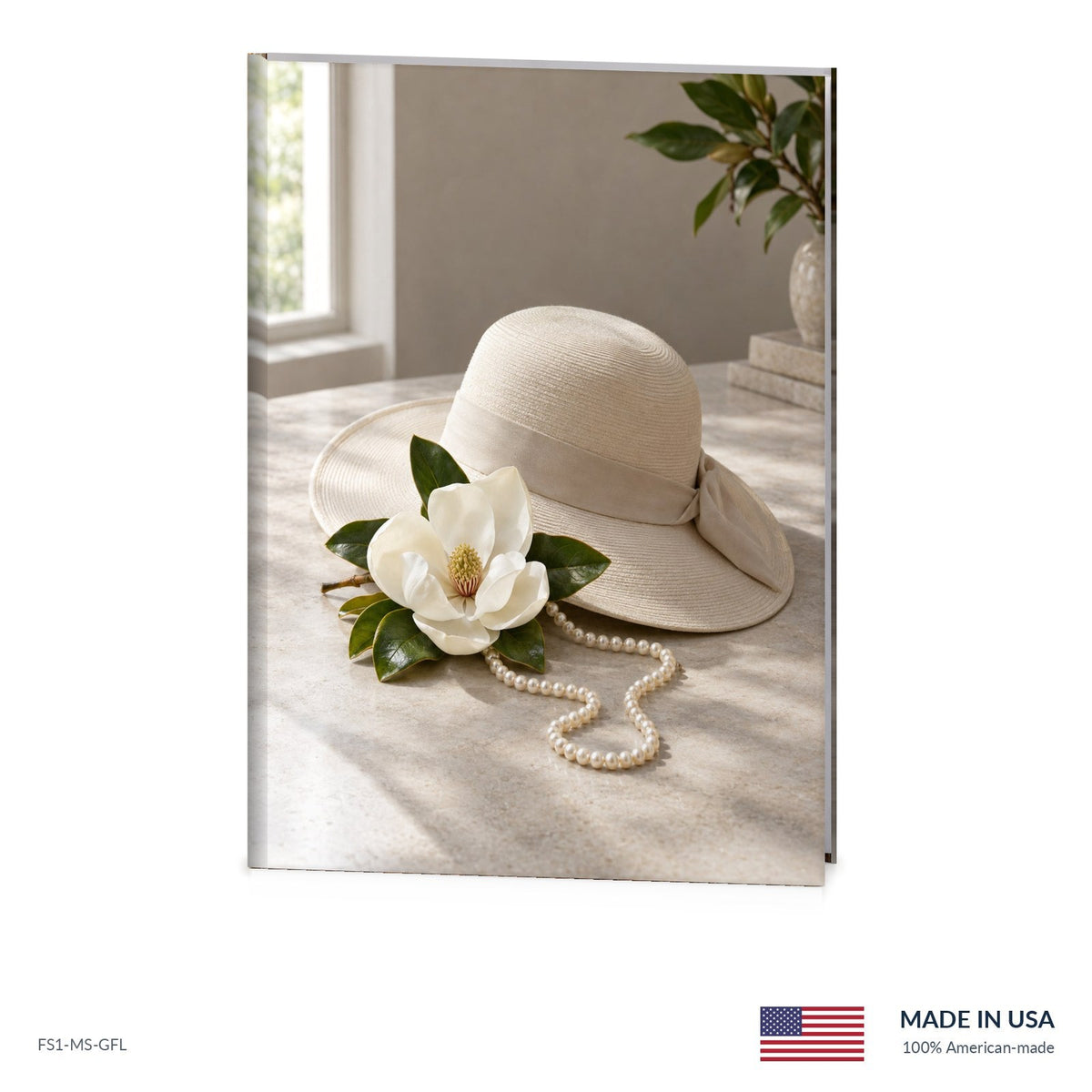 Sunday Hat funeral register book with full-color cover wrap and visible page edge, Funeral Source One FS1-MS-GFL, Made in the USA