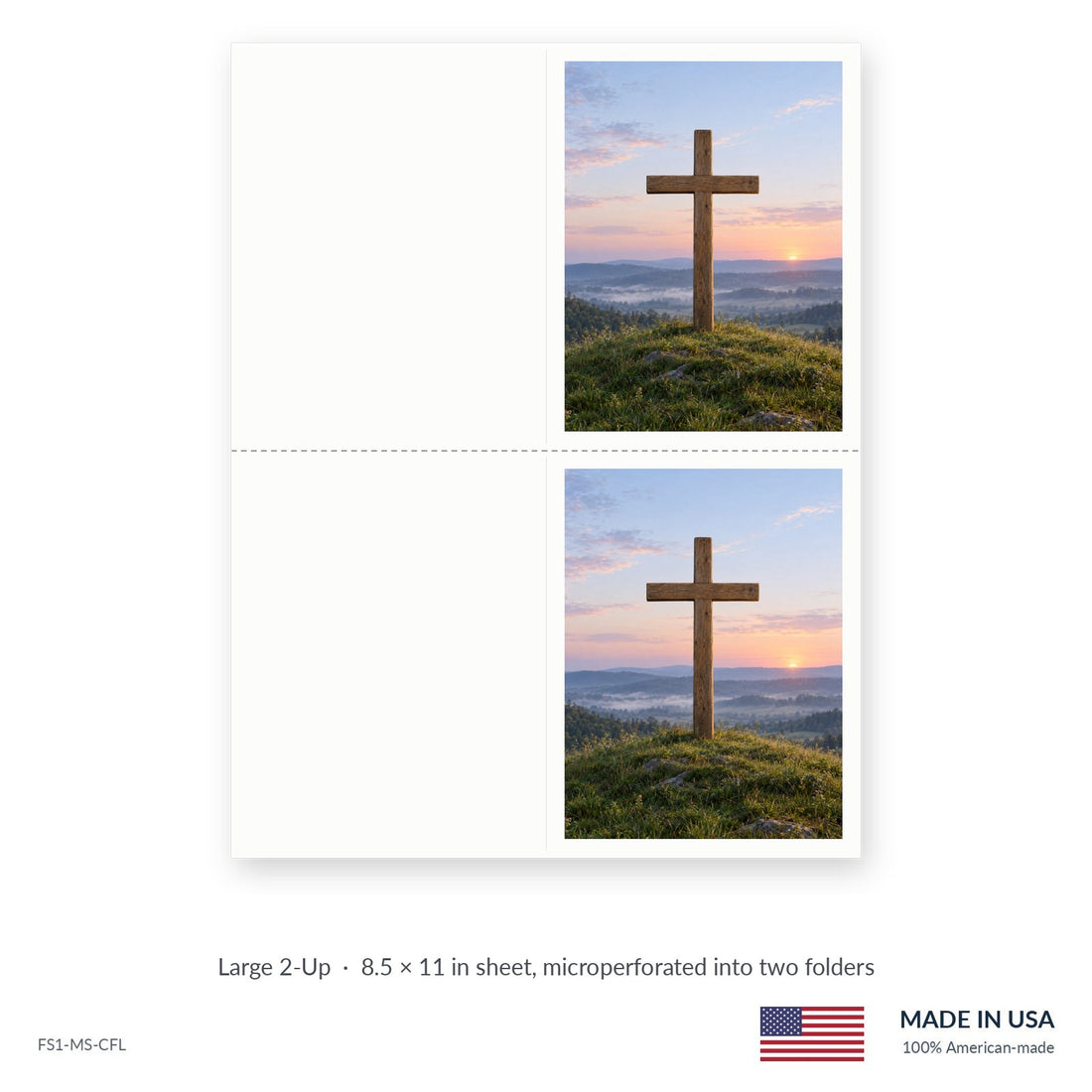 Sunrise Cross funeral service folders, Large 2-Up 8.5 × 11 in sheet microperforated into two folders, Funeral Source One FS1-MS-CFL