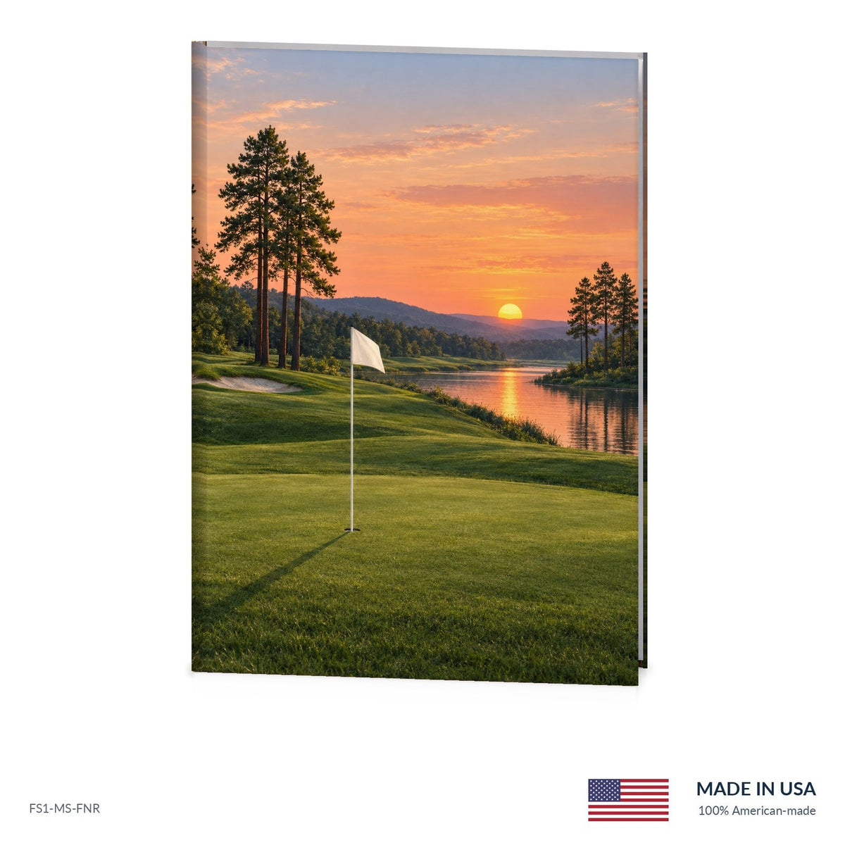 Sunset Golf funeral register book with full-color cover wrap and visible page edge, Funeral Source One FS1-MS-FNR, Made in the USA