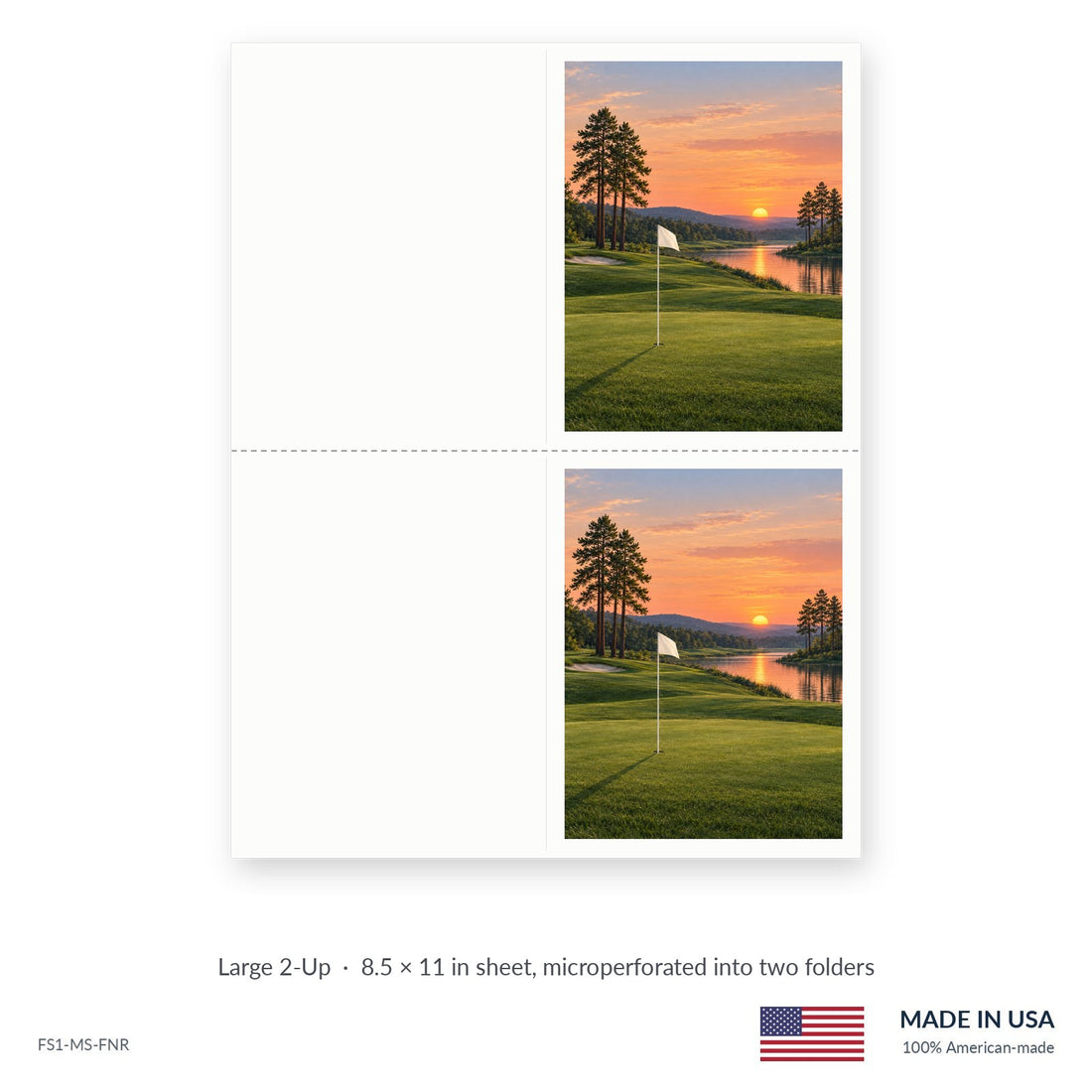 Sunset Golf funeral service folders, Large 2-Up 8.5 × 11 in sheet microperforated into two folders, Funeral Source One FS1-MS-FNR