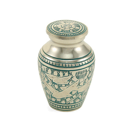 Teal Flying Doves Etched Brass Mini Keepsake Urn, Mini Keepsake, 2.4 x 1.7 x 1.7 in