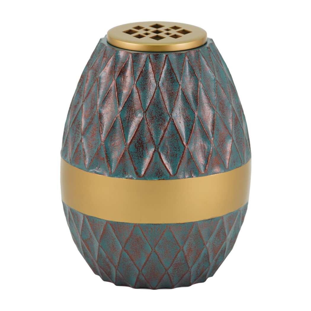 Teal Ribbed Diamond Vase Scattering Urn, Full size adult scattering urn, 8.5 x 7 x 7 in
