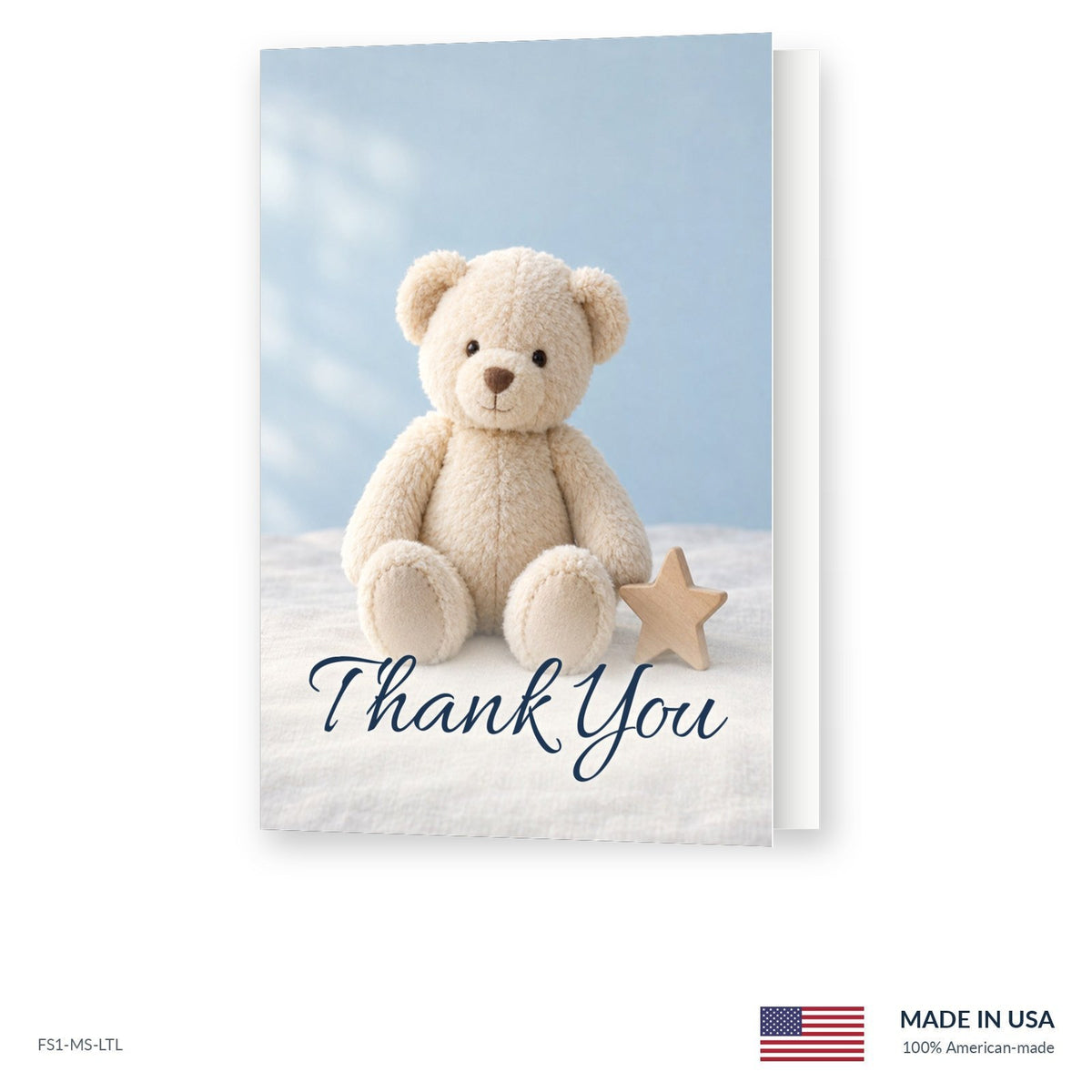 Teddy Bear funeral acknowledgment card shown slightly open, Funeral Source One FS1-MS-LTL, Made in the USA