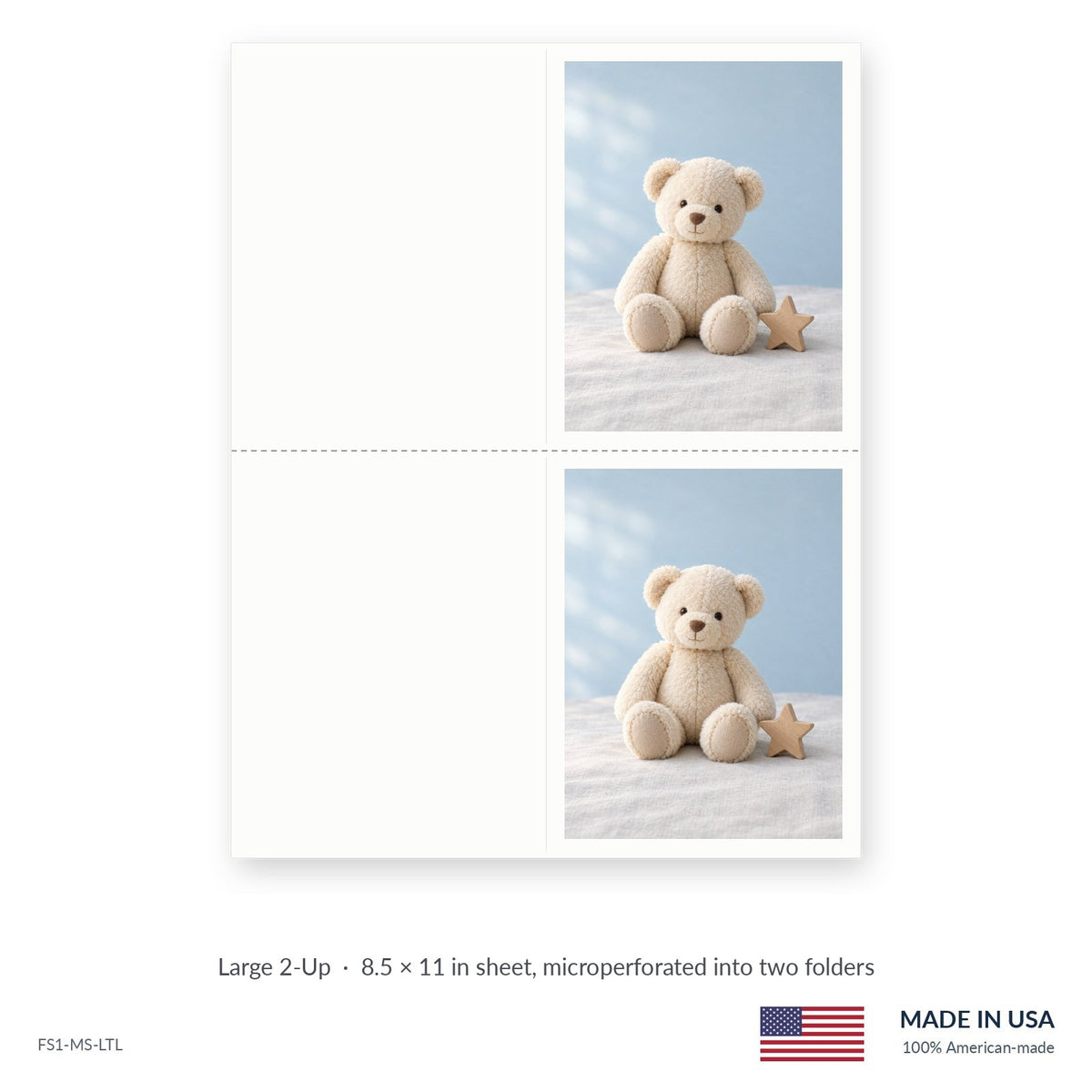 Teddy Bear funeral service folders, Large 2-Up 8.5 × 11 in sheet microperforated into two folders, Funeral Source One FS1-MS-LTL