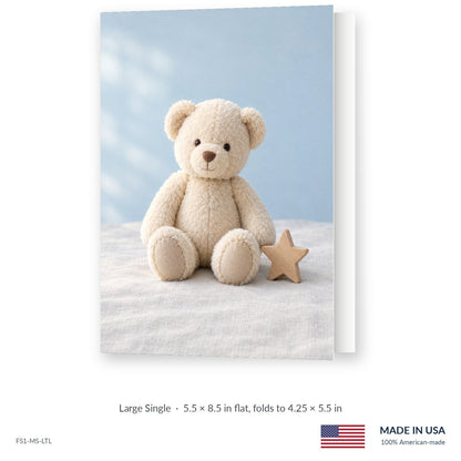 Teddy Bear funeral service folder, Large Single 5.5 × 8.5 in, shown slightly open, Funeral Source One FS1-MS-LTL, Made in the USA