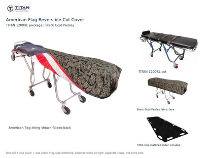TITAN 1200XL cot package | American flag reversible cot cover | Black Gold Paisley. Flag-side reference first and largest, selected fabric face at right, and free size-matched slider. One cot, one cover and one slider.