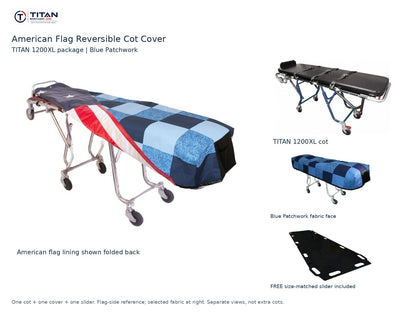 TITAN 1200XL cot package | American flag reversible cot cover | Blue Patchwork. Flag-side reference first and largest, selected fabric face at right, and free size-matched slider. One cot, one cover and one slider.