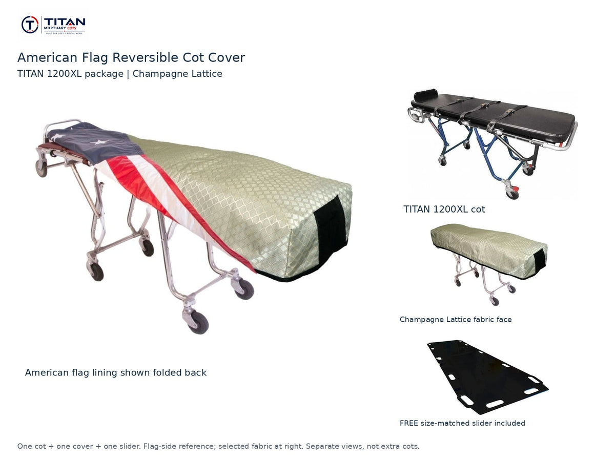 TITAN 1200XL cot package | American flag reversible cot cover | Champagne Lattice. Flag-side reference first and largest, selected fabric face at right, and free size-matched slider. One cot, one cover and one slider.