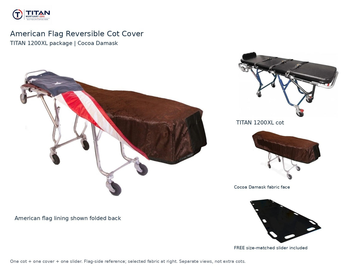 TITAN 1200XL cot package | American flag reversible cot cover | Cocoa Damask. Flag-side reference first and largest, selected fabric face at right, and free size-matched slider. One cot, one cover and one slider.