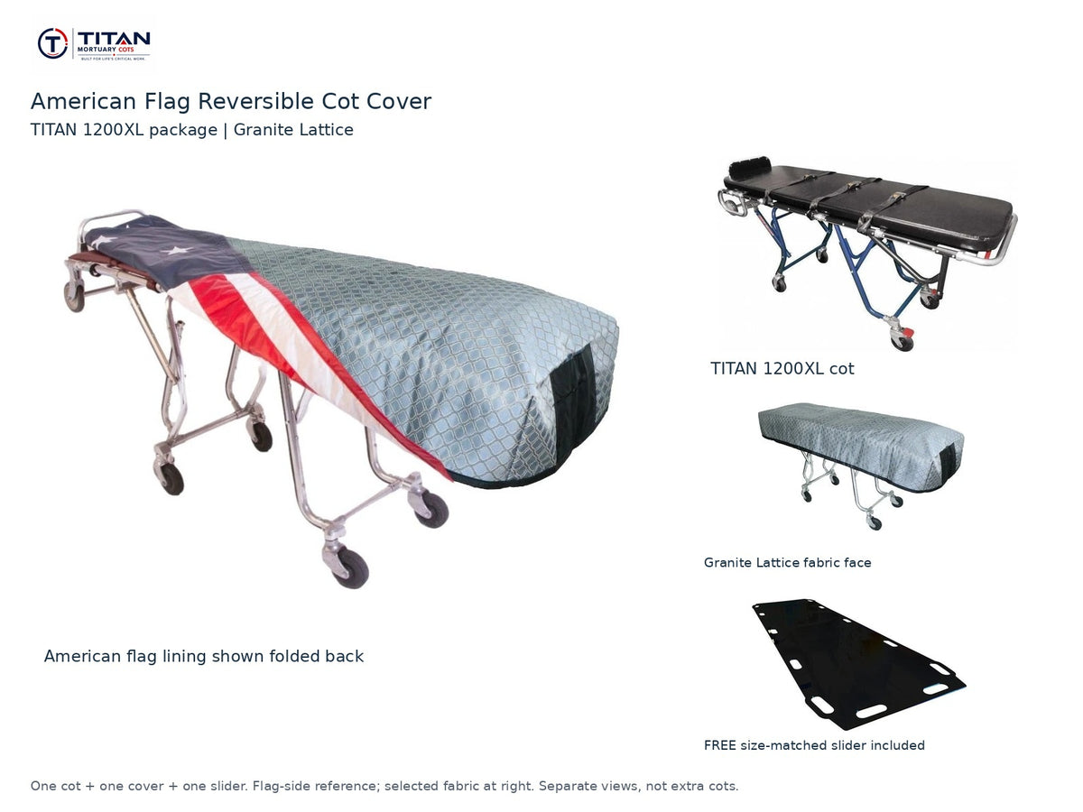 TITAN 1200XL cot package | American flag reversible cot cover | Granite Lattice. Flag-side reference first and largest, selected fabric face at right, and free size-matched slider. One cot, one cover and one slider.