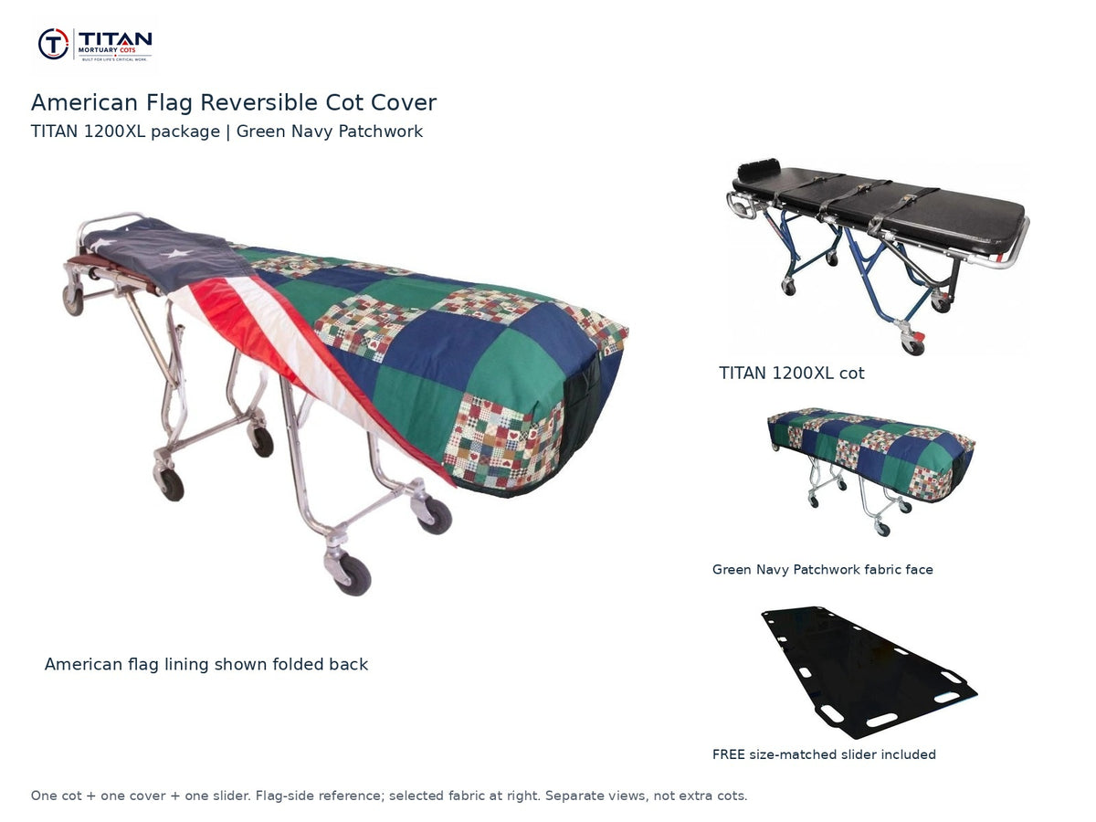 TITAN 1200XL cot package | American flag reversible cot cover | Green Navy Patchwork. Flag-side reference first and largest, selected fabric face at right, and free size-matched slider. One cot, one cover and one slider.