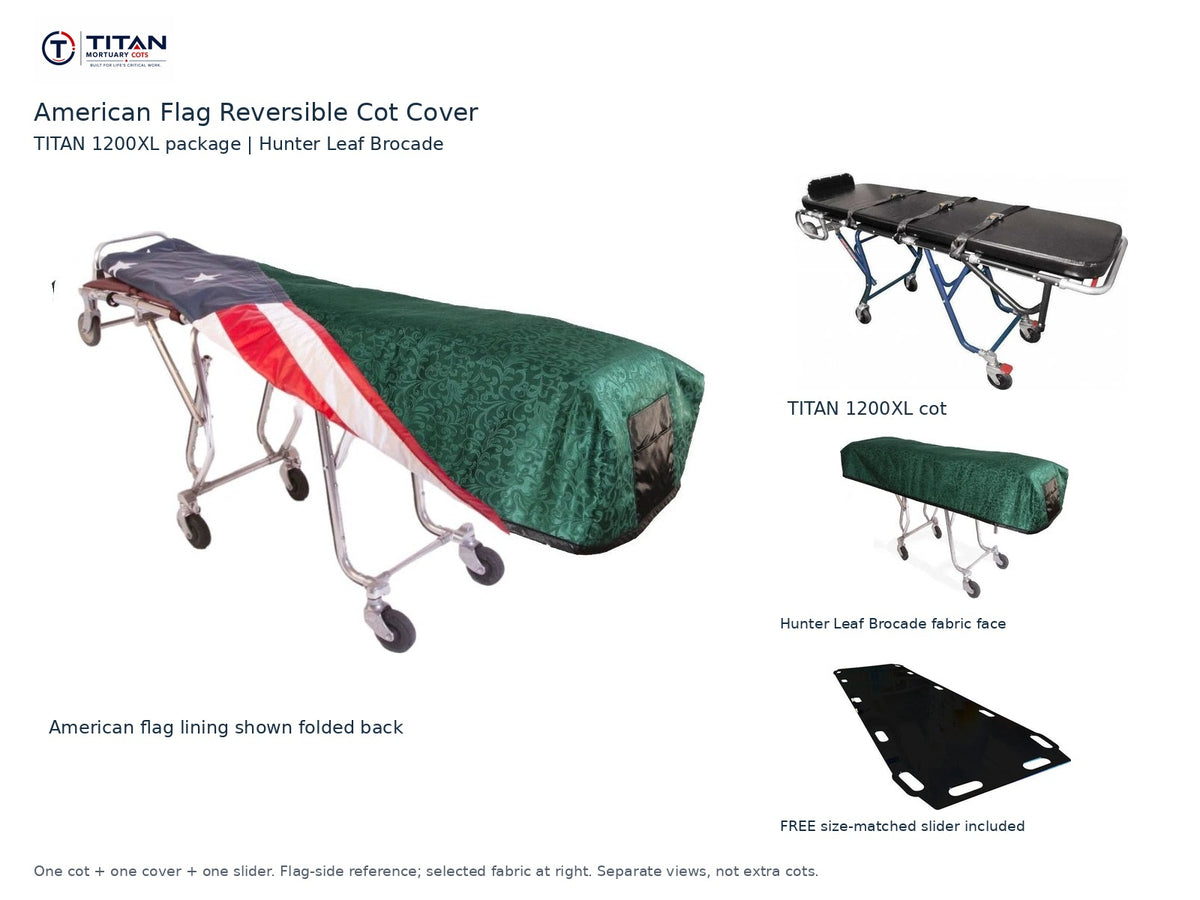 TITAN 1200XL cot package | American flag reversible cot cover | Hunter Leaf Brocade. Flag-side reference first and largest, selected fabric face at right, and free size-matched slider. One cot, one cover and one slider.